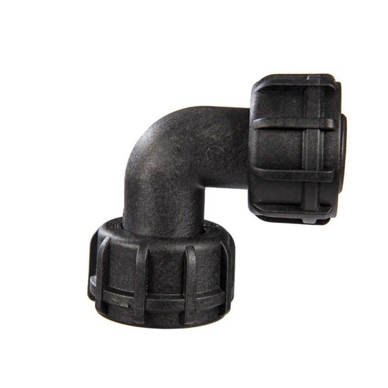 R1-9107-0606 <br> Raccord plastique 90° 2 bagues métalliques <br> Femelle 1" BSP
